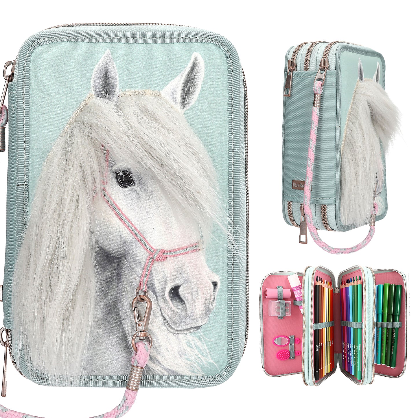 Miss Melody 3 Fach Federtasche mit Pferdekopf Applikation