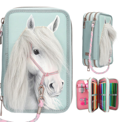 Miss Melody 3 Fach Federtasche mit Pferdekopf Applikation